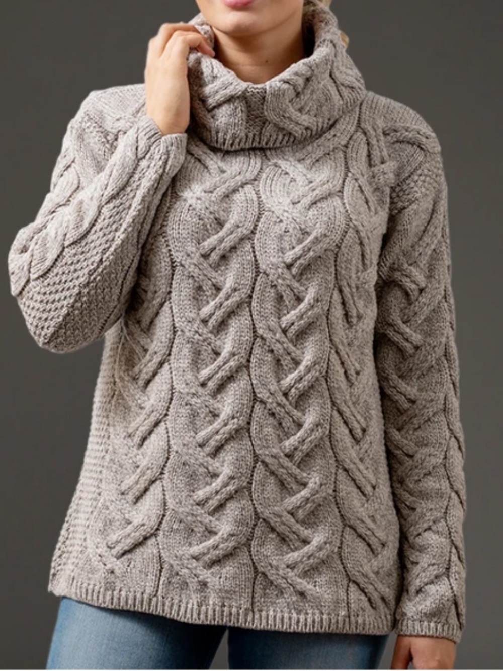 ARAN SWEATER MARKET Super Soft Chunky Cable Cowl Neck Sweater Lg Toasted Oat